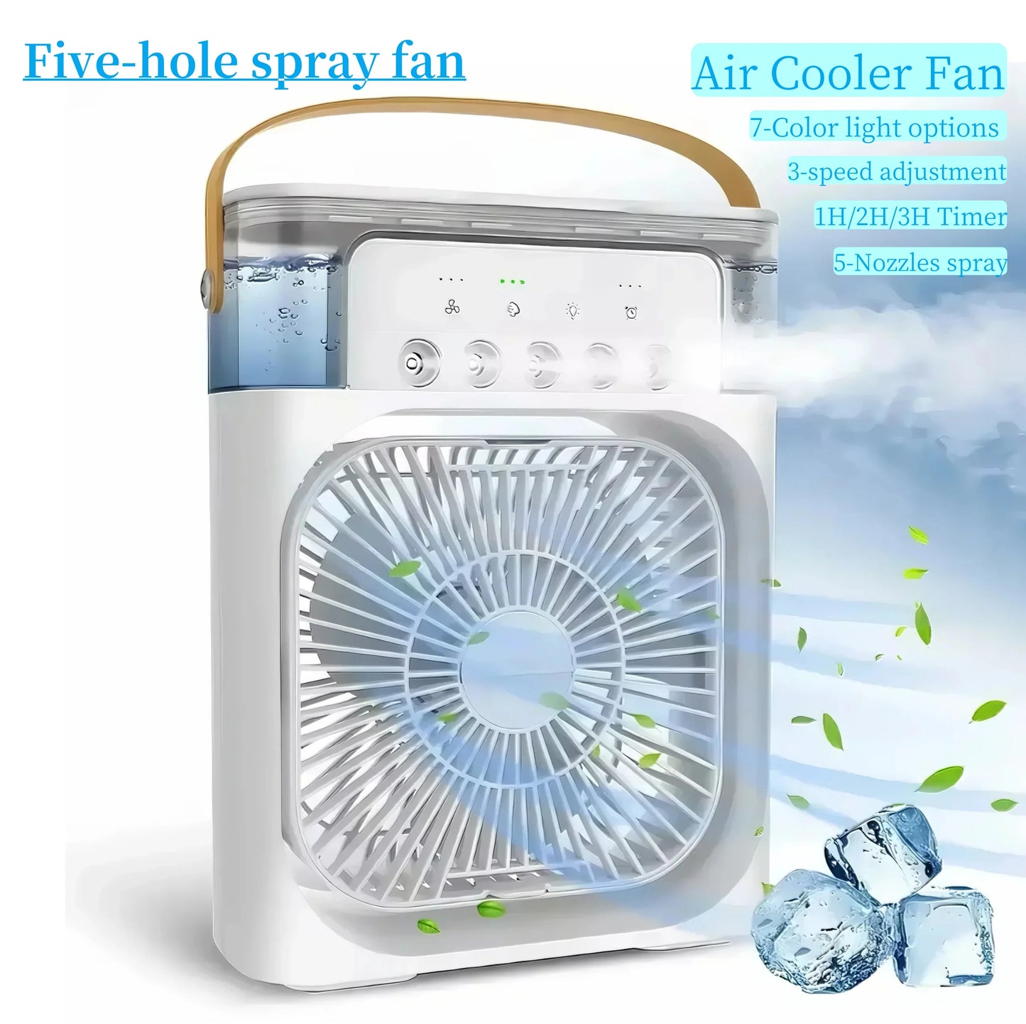 Fan/Cooling Fan Portable Household Three in One Small Air Cooler, LED Night Light, 5-Hole Humidifier, 1-3 Hour Timer