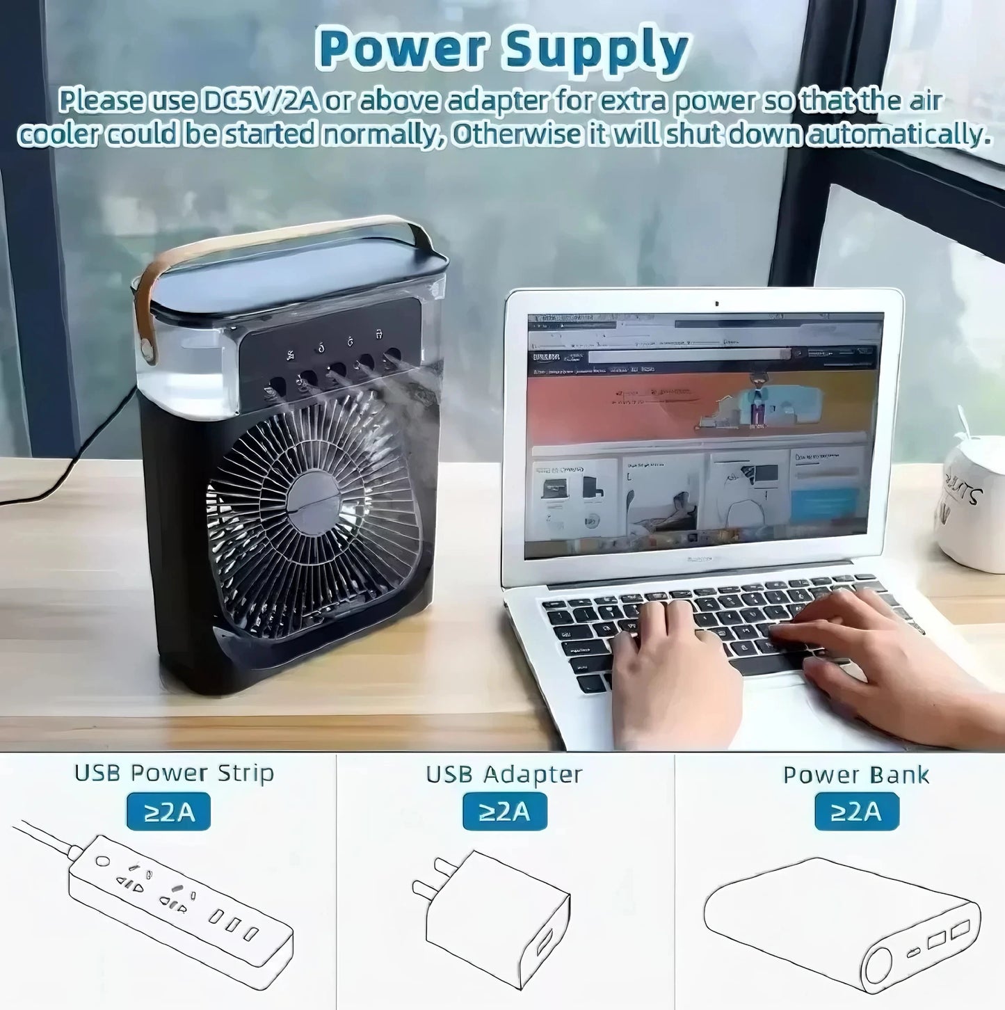 Fan/Cooling Fan Portable Household Three in One Small Air Cooler, LED Night Light, 5-Hole Humidifier, 1-3 Hour Timer