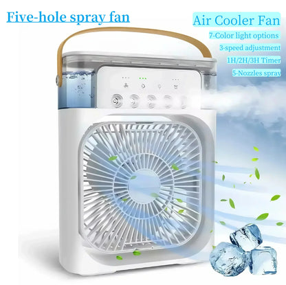 Fan/Cooling Fan Portable Household Three in One Small Air Cooler, LED Night Light, 5-Hole Humidifier, 1-3 Hour Timer